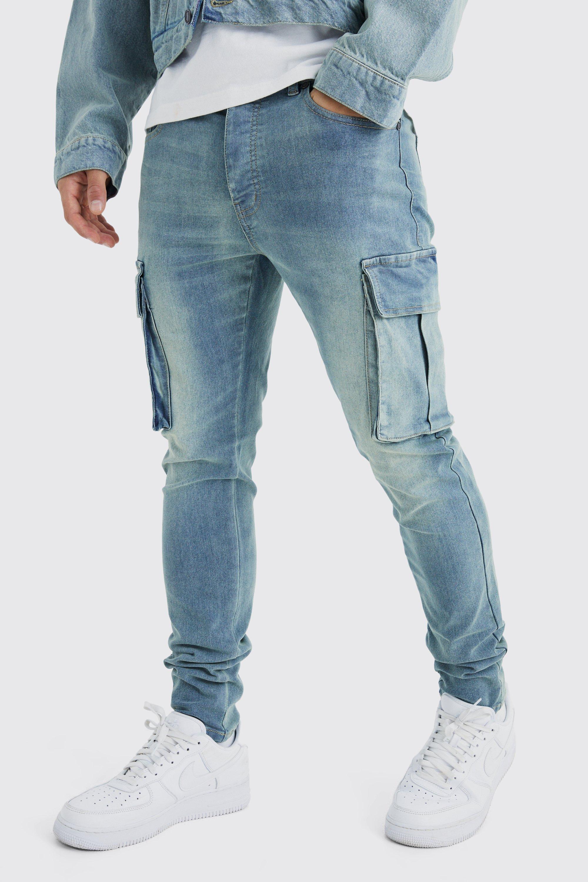 Mens Blue Skinny Stretch Cargo Jean, Blue